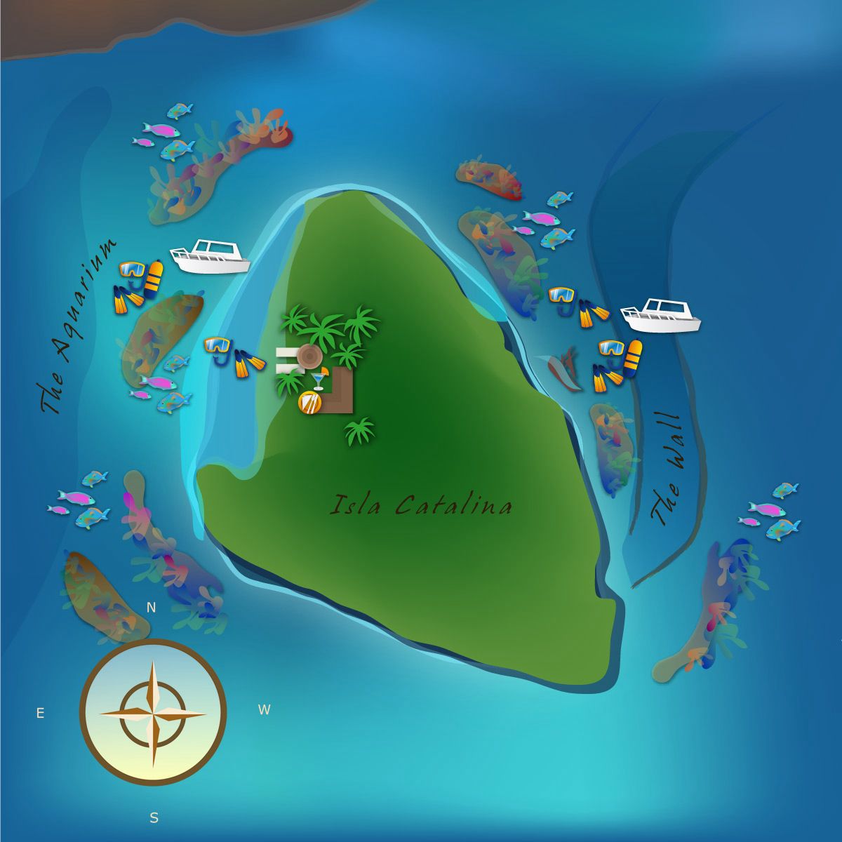 Mapa ilustrado de Isla Catalina mostrando puntos de snorkel y buceo como The Aquarium y The Wall
